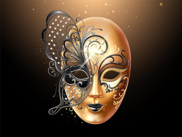 Volto mask decorated with diamonds and butterfly lace. Face cover design for party or carnival, masquerade and holiday celebration. Man and woman masque. Italian or venetian mardi gras theme