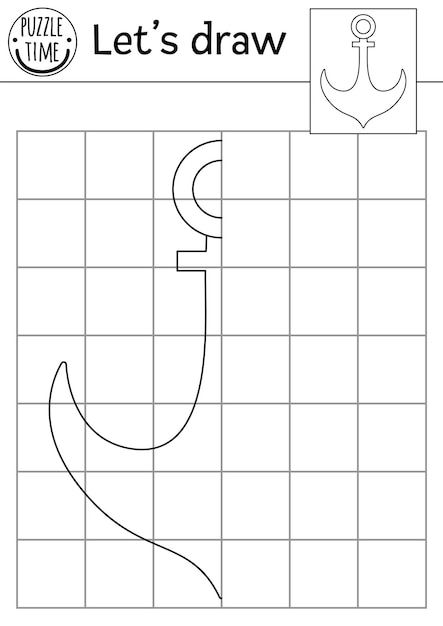 Voltooi het ankerbeeld Vector piraat symmetrisch tekenen oefenblad Afdrukbare zwart-witactiviteit voor kleuters Kopieer het plaatje schateilandspel met schip partxA