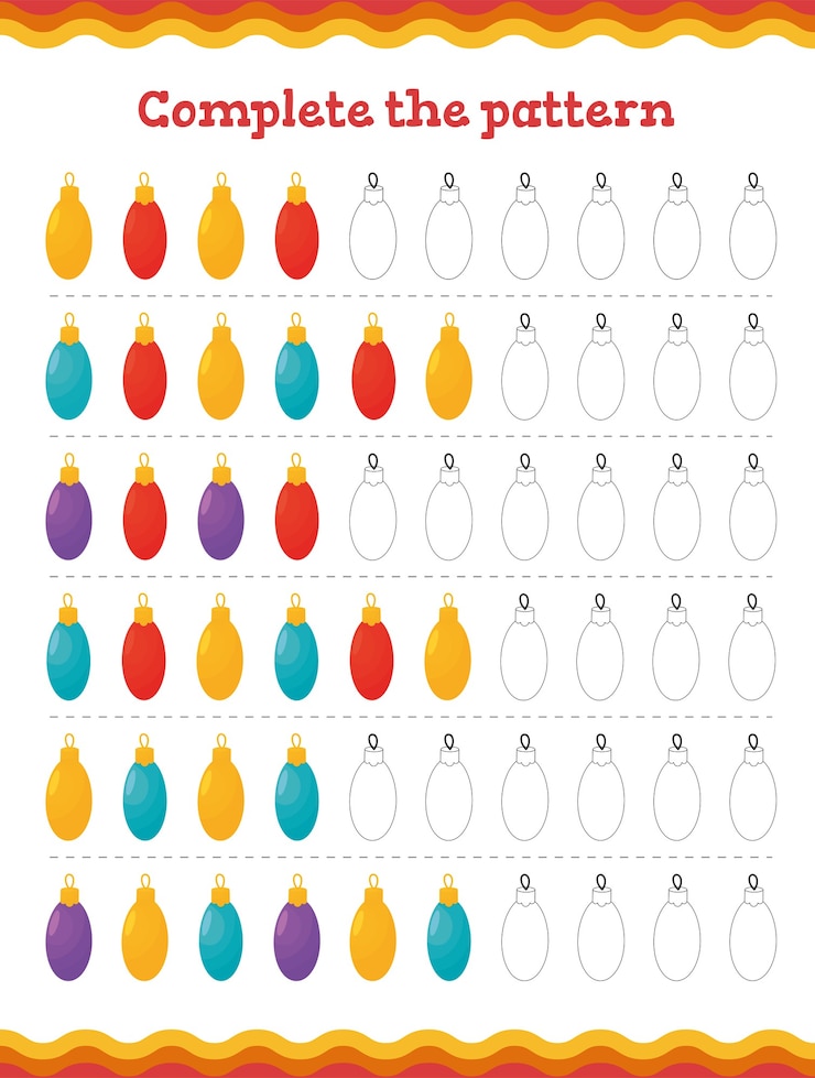 Voltooi het patroon Educatieve spelletjes voor peuters. Preschool of kleuterschool kerst werkblad.