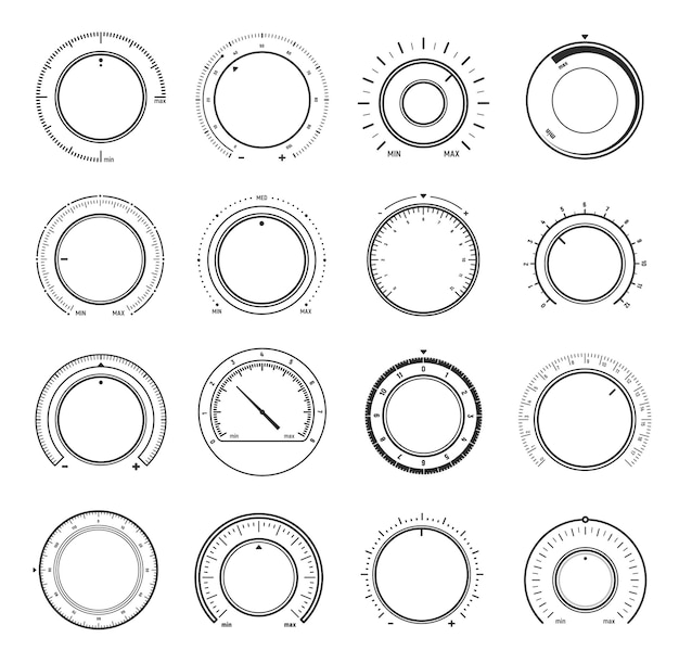 Vettore interruttore della manopola del volume rotondo controlli del suono della musica regolatori e quadranti dell'interfaccia vettoriale pulsanti del livello del volume in linea sottile per l'app del lettore musicale o il suono del sintonizzatore ui controlli della manopola rotonda min e max