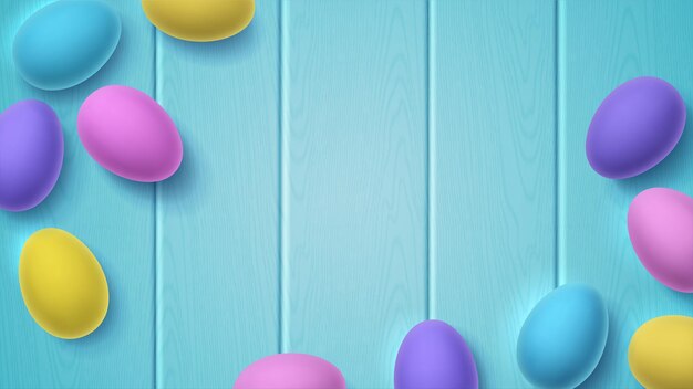 Volumetric painted 3D Easter eggs on blue wooden background Bright vector illustration with place for text copy space Multicolored wallpaper for spring Christian holiday