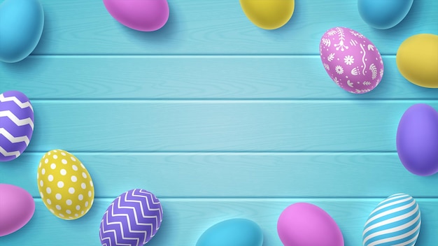 Vector volumetric painted 3d easter eggs with pattern on blue wooden background bright vector illustration with place for text copys pace colorful wallpaper for spring christian holiday