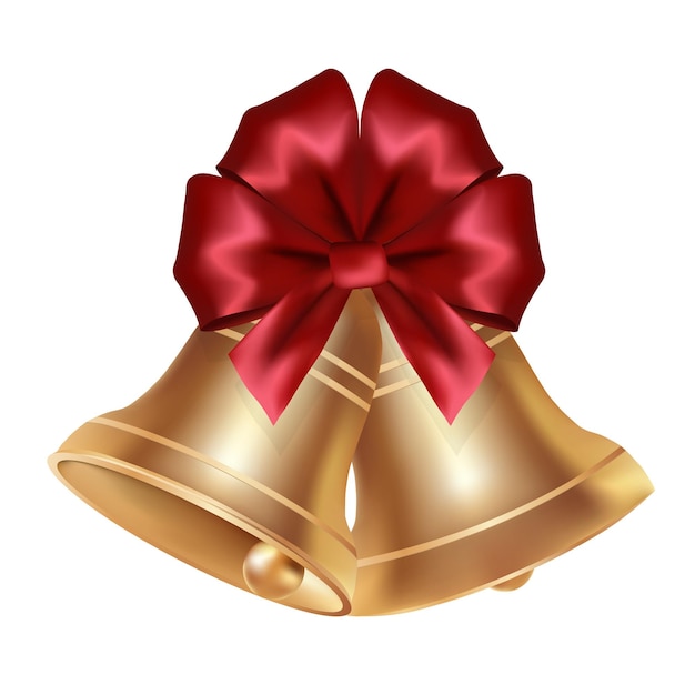 Vector volumetric realistic golden bell with red bow. school symbol.