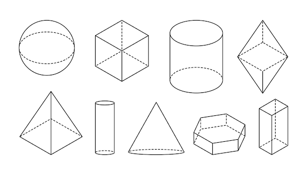 Volumetrische geometrische basisvormen zwart lineair eenvoudig d figuur met gestippelde onzichtbare vormlijnen iso...