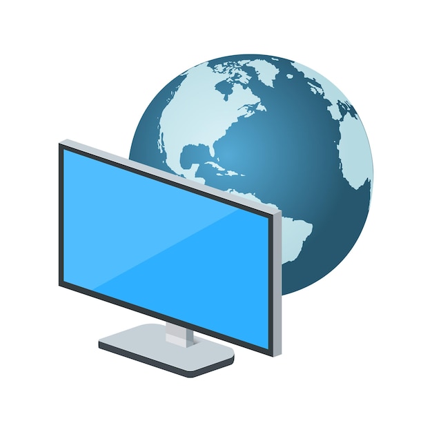 Volumetrische monitor met planeet aarde icoon Concept van wereldwijde omroep. Kleur icoon