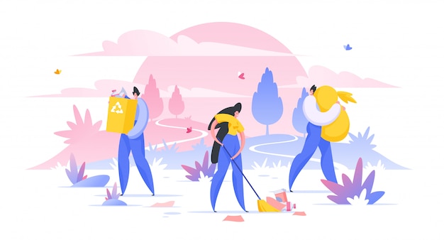 Voluntary service workers cleaning wild nature area together   illustration