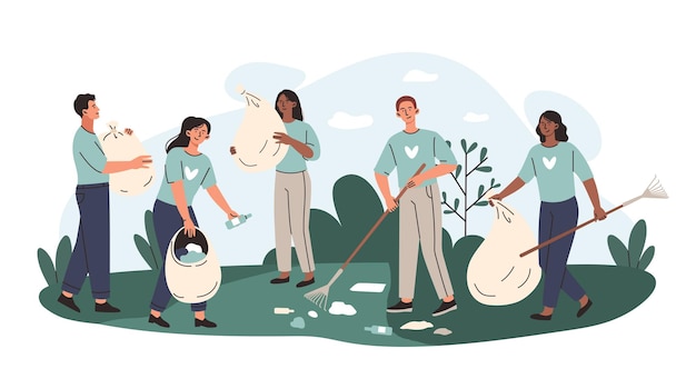 Vector volunteer activity concept men and girls with nets collect garbage characters in garden reducing emission of harmful expenses people takes care of planet cartoon flat vector illustration