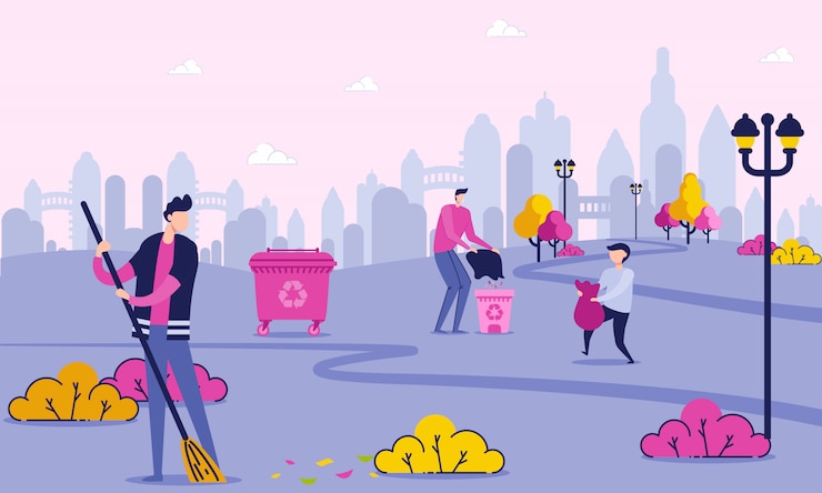 Vector volunteer characters cleaning park near city.