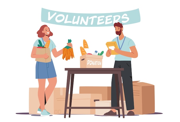 벡터 자원 봉사자 캐릭터는 기부된 음식을 배포합니다. 가난한 사람들이 상자에 제품을 들고 책상에 서 있는 것을 돕는 남녀