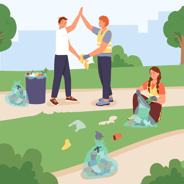 Volunteer collect waste and cleaning park territory help and care of environment