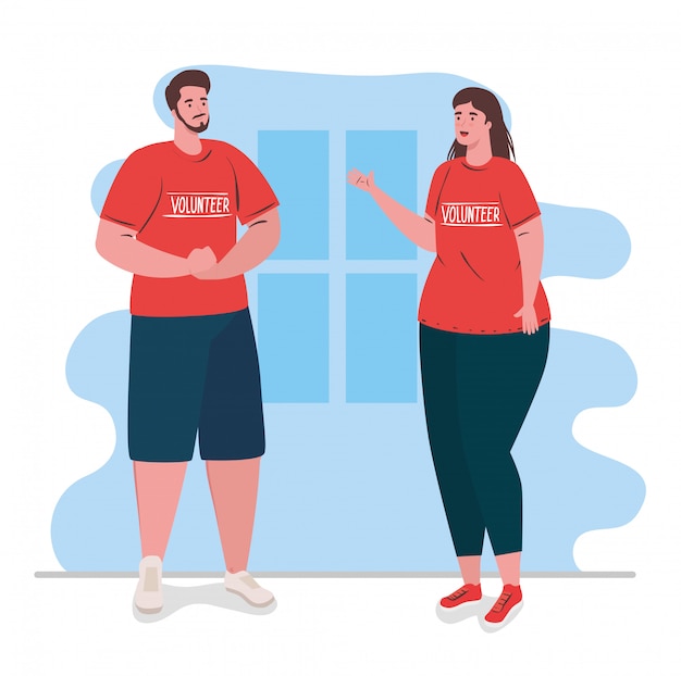Volunteer couple using red shirt, charity and social care donation concept
