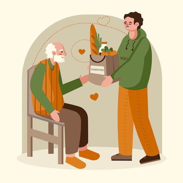 Volunteer delivers groceries to old man Support for old and sick people