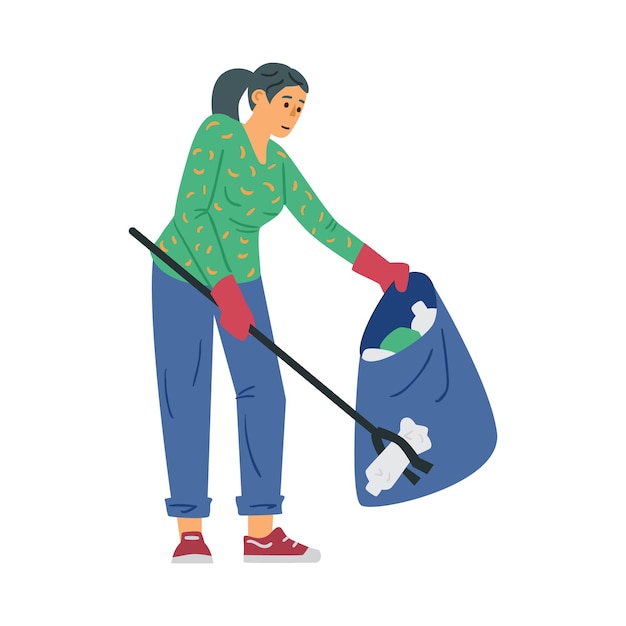 Volunteer female picking up plastic garbage flat vector illustration isolated