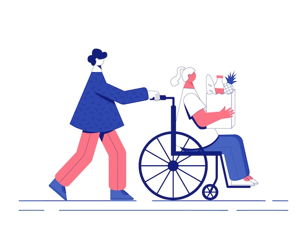 Aiuto volontario disabilitato. donna in sedia a rotelle illustrazione.