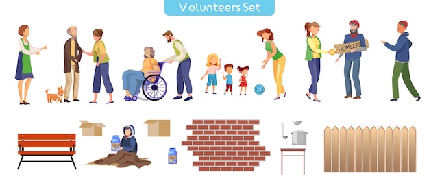 Vector volunteer help flat illustrations set