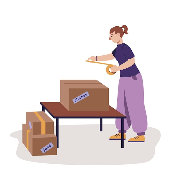 Volunteer holding scotch tape and sealing box with humanitarian aid for people in poverty. Help and support to people in need. Social voluntary. Flat vector illustration in purple colors