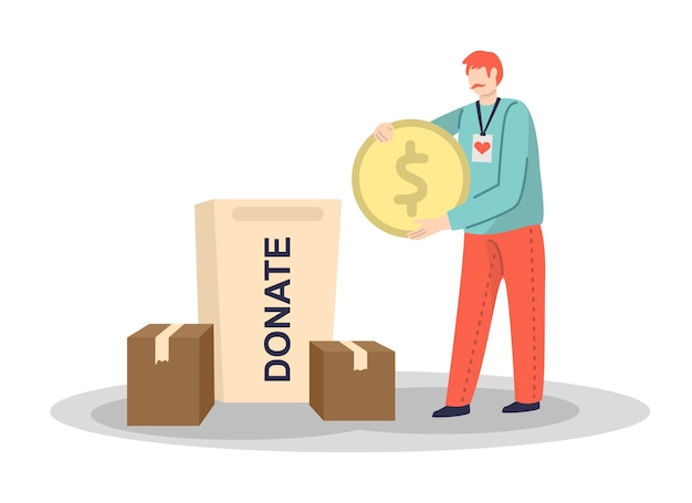 ベクトル 慈善活動や募金活動に携わるボランティア 寄付された商品が入った段ボール箱の間に立ち、手にコインを持っている顔のない男 フラットベクトルイラスト