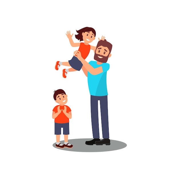 Volunteer and little children having fun together Young bearded man playing with kids Cheerful social worker Flat vector design