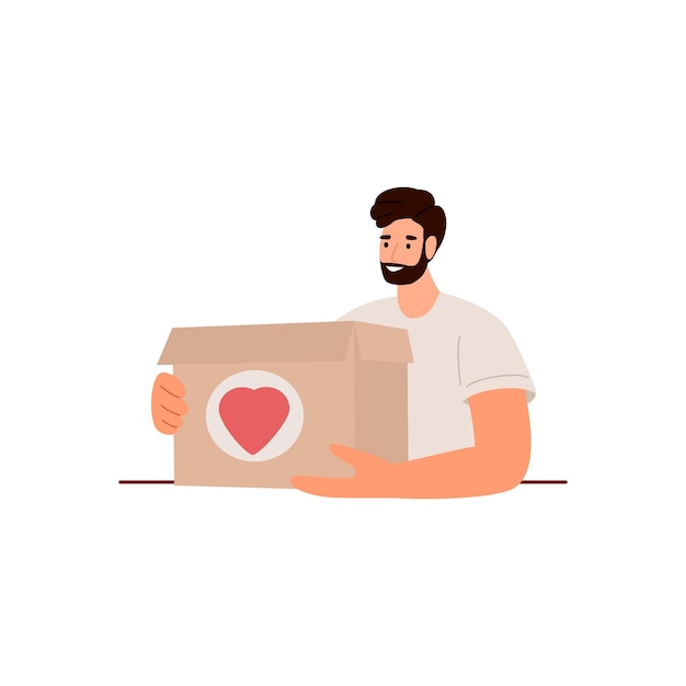 Volunteer man holding a box with a heart Concept of help social care volunteering support for poor people Cartoon flat vector illustration