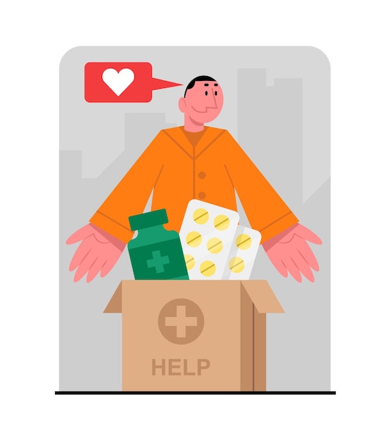 Volunteer medicine collection center Activists provide medical assistance to needy Male vector character packs pills for charity Essential medicines for needy Humanitarian aid organization