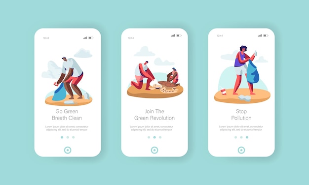 ビーチエリアでゴミを掃除し、拷問を節約するボランティアの人々モバイルアプリページオンボード画面セット