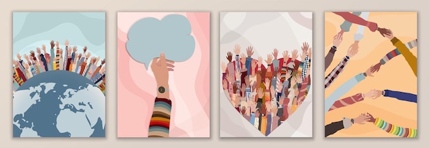 Volunteer people Poster editable templateMulticultural people with hands raised around the earth