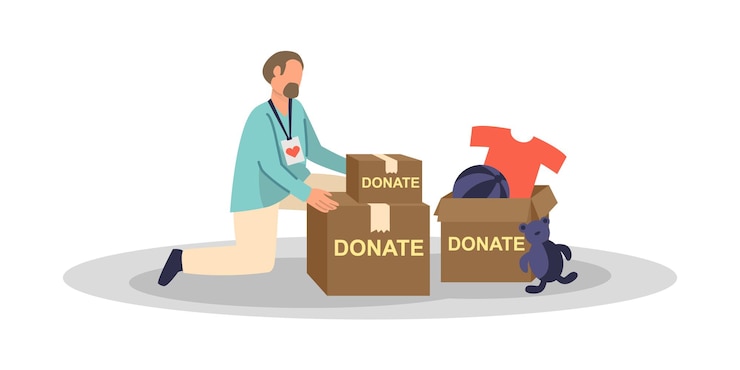 Vector volunteer preparing donated clothes for children homes faceless character putting items of clothing and toys into cardboard boxes flat vector illustration
