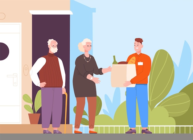 Volunteer seniors delivery Guy help food elderly family carry parcel meal old vulnerable people care support senior neighbour helping volunteering