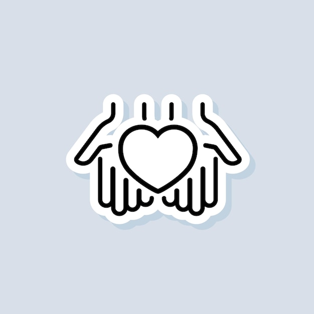 Volunteer sticker. Give love icon. Hands holding heart. Relationship. Love concept. Heart symbol. Vector on isolated background. EPS 10.