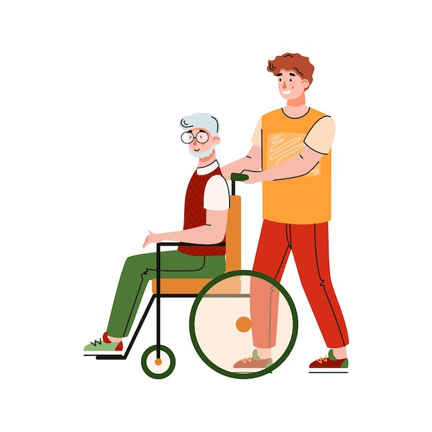 Vector volunteer supporting an elderly disabled man flat illustration