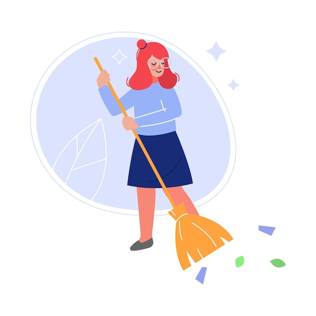 Vector volunteer sweeping outdoor with broom girl helping to remove autumn leaves vector illustration