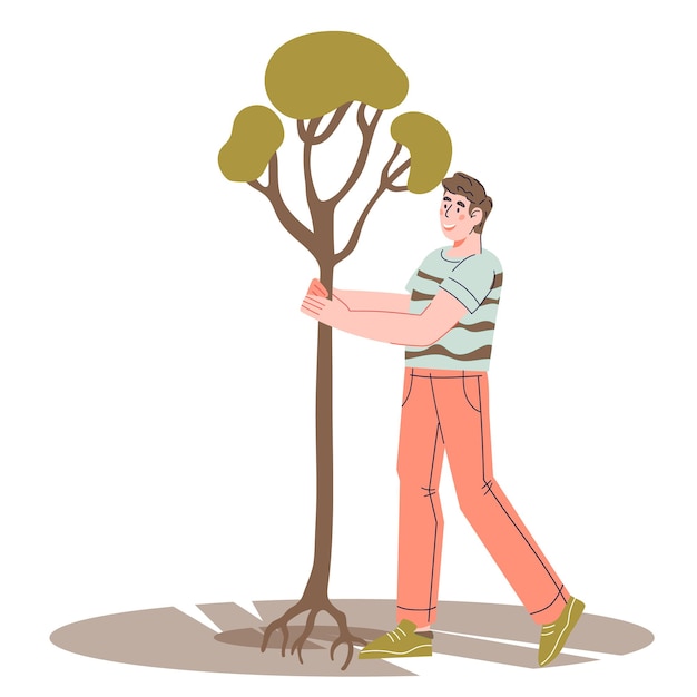 Volunteer take care of Earth planet and planting tree flat vector isolated