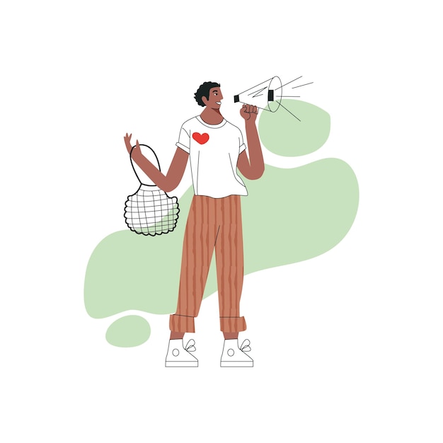 Volontariato volontario e concetto di influencer zero rifiuti giovane personaggio afroamericano in camicia bianca con borsa a rete a cuore e altoparlante illustrazione vettoriale di cartone animato a contorno piatto