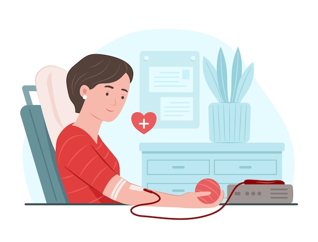 volunteer woman donating blood in hospital for medical and charity concept illustration