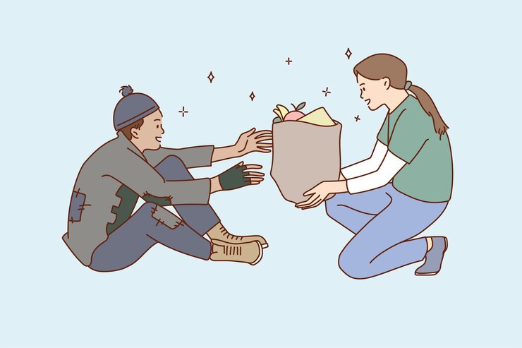 Vector 자원 봉사자 여성이 노숙자에게 음식 기부 팩을 제공합니다.