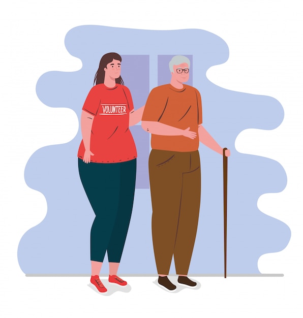volunteer woman using red shirt with old man, charity and social care donation concept