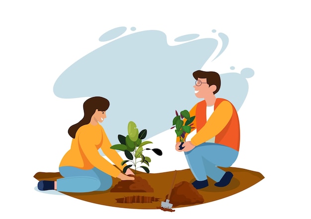 Vector volunteering charity social concept man and woman plant trees in city park vector flat illustration ecological lifestyle