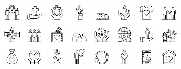 Volunteering icons set, outline style