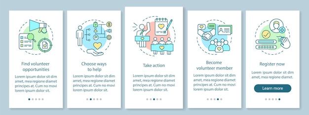 Modello di vettore dello schermo della pagina dell'app mobile onboarding di volontariato. aiuto umanitario. passi del sito web del programma di volontariato con illustrazioni lineari. ux, ui, concetto di interfaccia per smartphone gui