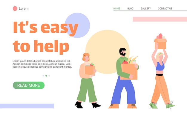 Vettore i volontari portano scatole piene di donazioni di cartone alimentare. sostegno, aiuto e carità per i poveri, gli affamati e i senzatetto. modello di pagina di destinazione.