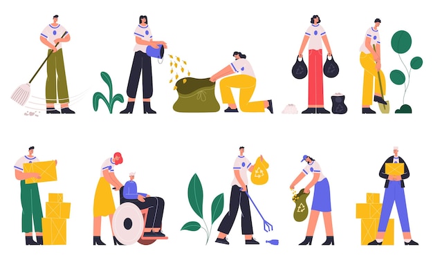 Vector volunteers, charity social workers collecting trash and help elderly people. young charity social workers volunteering vector illustration set. kindness and charity activity. donation from volunteer