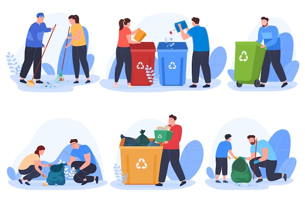 Volunteers clean up the environment garbage sorting preservation of the environment vector illustration