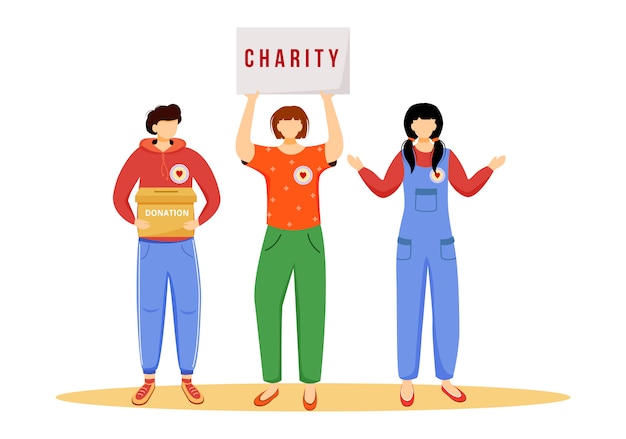 Vector volunteers collecting donations   illustration. slefless social activists  cartoon characters on white background. public fundraising campaign. charity, philanthropy concept