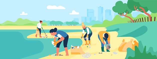 Volunteers collects sea garbage. People clean up beach. Ecology and environment care. Trash and waste recycling. Men and women cleaning water reservoir shore. Activists picking rubbish. Vector concept