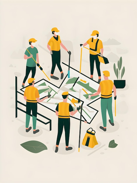 Volunteers Coordinating a Community Cleanup With Maps Tools and Safety Gear Vector Illustration