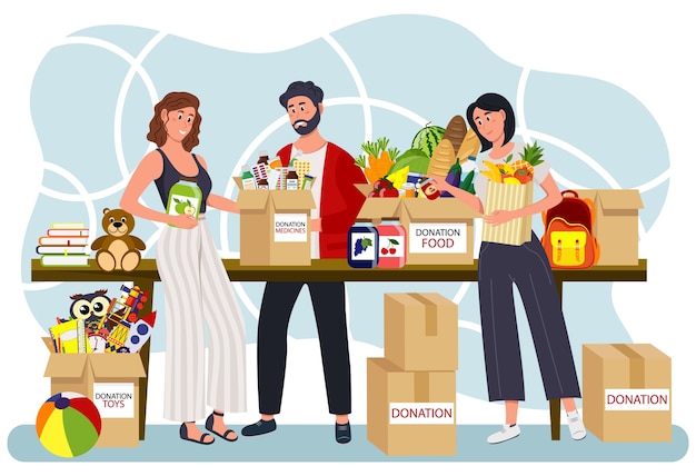 Volunteers and donation boxes. Donation, charity donation funds, gift in kind concept. Social care and charity concept.