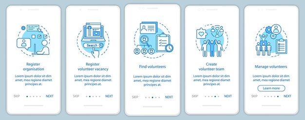 volunteers finding onboarding mobile app page screen with linear concepts. humanitarian help. volunteer program walkthrough steps graphic instructions. ux, ui, gui vector template with illustrations
