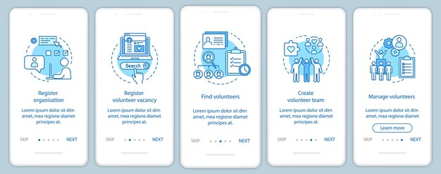 Volunteers finding onboarding mobile app page screen with linear concepts. humanitarian help. volunteer program walkthrough steps graphic instructions. ux, ui, gui vector template with illustrations