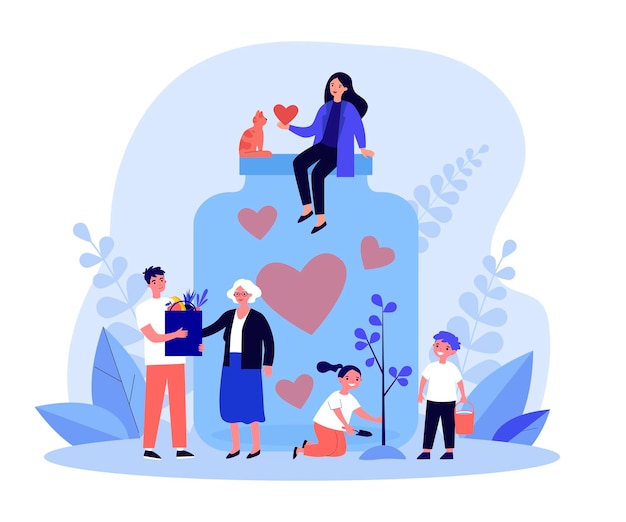 Volunteers giving support and love, collecting hearts in jar. Assistance and care from tiny people flat vector illustration. Charity, awareness concept for banner, website design or landing web page