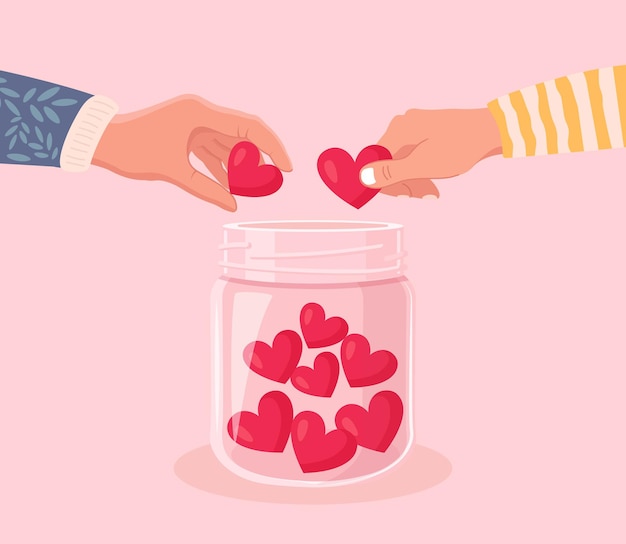 Vector volunteers hands holding heart symbol and put hearts in a glass jar. give and share your love, hope, support to people. charity, donation and generous social community